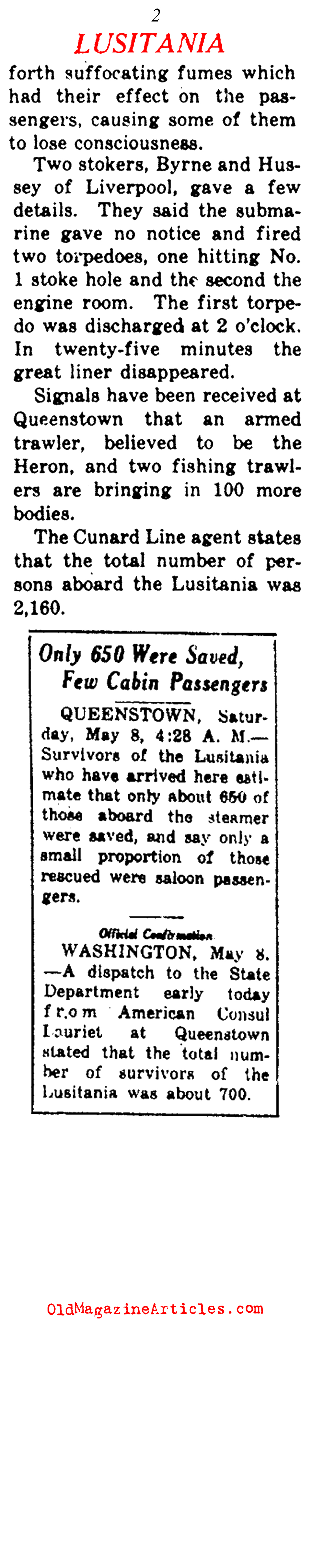 <i>Lusitania</i> Torpedoed (NY Times, 1915)